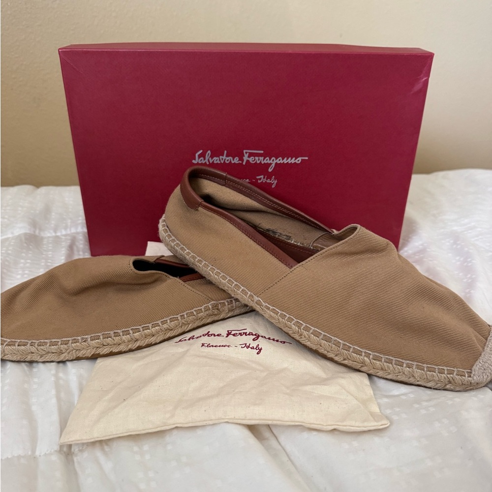Salvatore Ferragamo Tan Canvas Espadrilles with Brown Trim